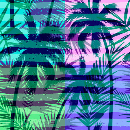 Seamless exotic pattern with tropical palm on geometric background in bright color.のイラスト素材