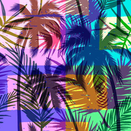 Seamless exotic pattern with tropical palm on geometric background in bright color.のイラスト素材