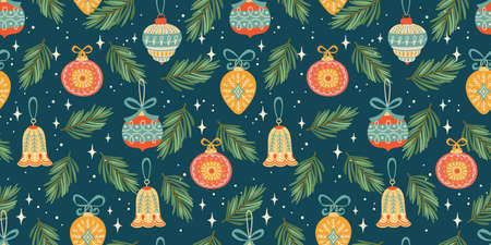 Christmas and Happy New Year seamless pattern. Trendy retro style. Vector designのイラスト素材