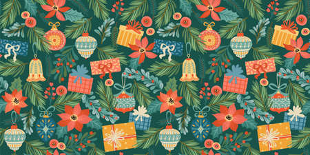 Christmas and Happy New Year seamless pattern. Trendy retro style.のイラスト素材