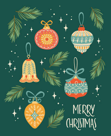 Christmas and Happy New Year illustration with Christmas decorations.のイラスト素材
