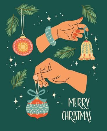 Christmas and Happy New Year illustration with male and female hands.のイラスト素材