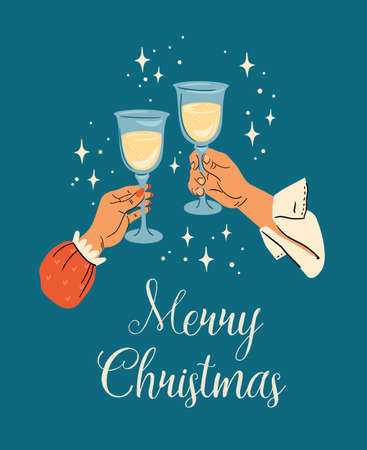 Christmas and Happy New Year illustration of male and female hands with champagne glasses.のイラスト素材