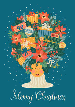 Christmas and Happy New Year illustration with cute woman.のイラスト素材
