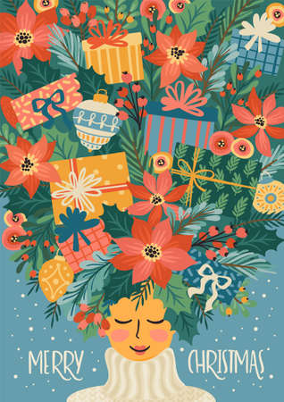 Christmas and Happy New Year illustration with cute woman.のイラスト素材