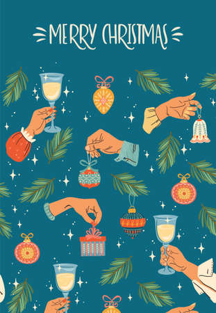Christmas and Happy New Year illustration with male and female hands.のイラスト素材