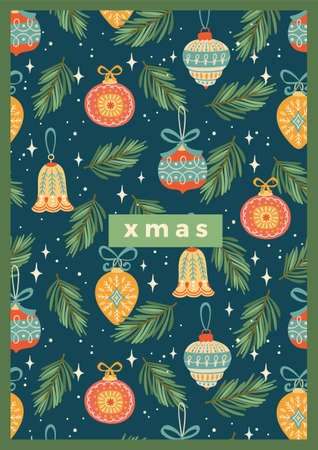 Christmas and Happy New Year illustration with Christmas decorations.のイラスト素材