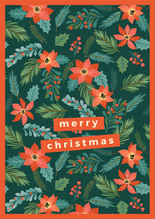 Christmas and Happy New Year illustration with Christmas tree and flowers.のイラスト素材