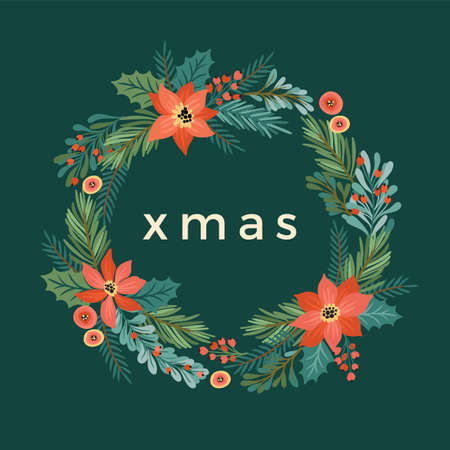 Christmas and Happy New Year illustration with Christmas wreath.のイラスト素材