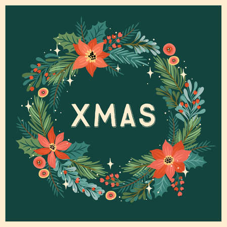 Christmas and Happy New Year illustration with Christmas wreath.のイラスト素材