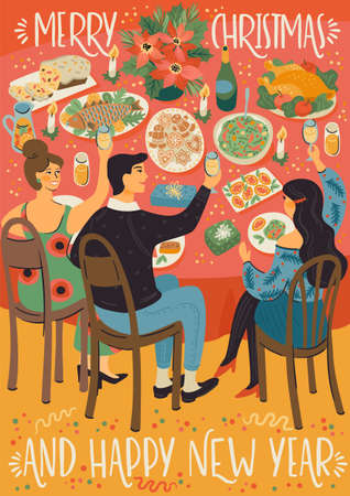 Christmas and Happy New Year illustration of people at christmas table. Festive meal.のイラスト素材