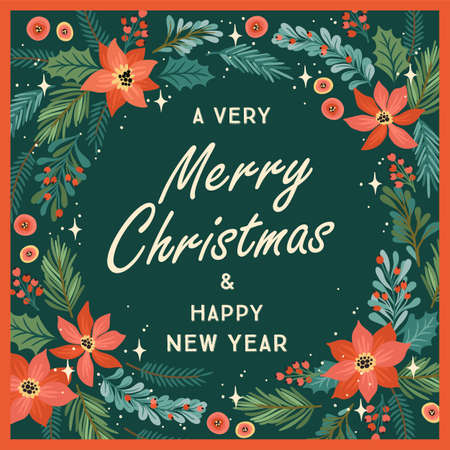 Christmas and Happy New Year illustration with Christmas tree and flowers.のイラスト素材