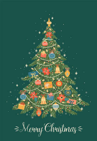 Christmas and Happy New Year illustration of Christmas tree. Vector design template.のイラスト素材