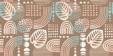Artistic seamless pattern with abstract leaves and geometric shapes.のイラスト素材