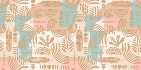 Artistic seamless pattern with abstract leaves and geometric shapes.のイラスト素材