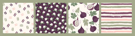 Abstract collection of seamless patterns with flowers, figs, stripes and geometric shapes. Modern designのイラスト素材