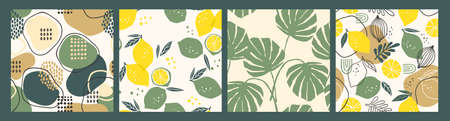 Abstract collection of seamless patterns with lemons, leaves and geometric shapes. Modern designのイラスト素材