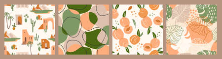 Abstract collection of seamless patterns with apricots, landscape, leaves and geometric shapes. Modern designのイラスト素材