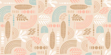 Artistic seamless pattern with abstract leaves and geometric shapes. Modern vector design for paper, cover, fabric, interior decor and more.のイラスト素材