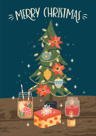 Christmas and Happy New Year illustration of Christmas tree. Trendy retro style.のイラスト素材