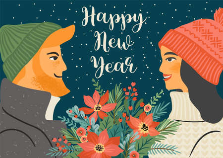Christmas and Happy New Year illustration of young man and woman with christmas bouquet.のイラスト素材