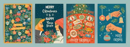Set of Christmas and Happy New Year illustrations. Trendy retro style.のイラスト素材