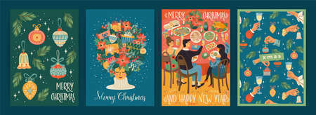 Set of Christmas and Happy New Year illustrations. Trendy retro style.のイラスト素材