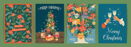 Set of Christmas and Happy New Year illustrations. Trendy retro style.のイラスト素材
