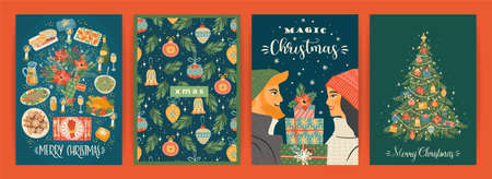 Set of Christmas and Happy New Year illustrations. Trendy retro style.のイラスト素材