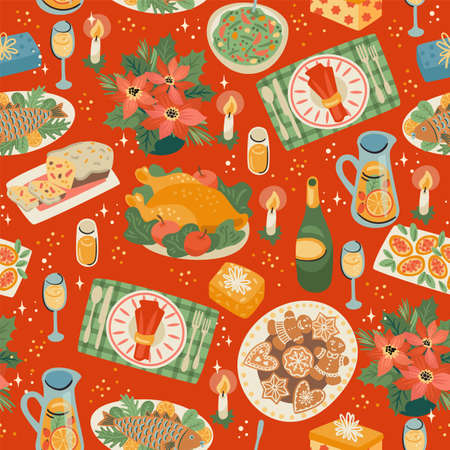 Christmas and Happy New Year seamless pattern with festive meal. Vector design template.のイラスト素材