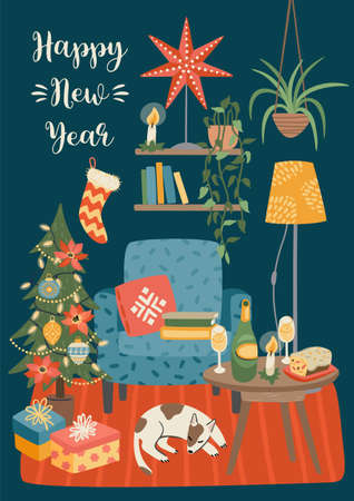 Christmas and Happy New Year illustration of sweet home. Vector design template.のイラスト素材