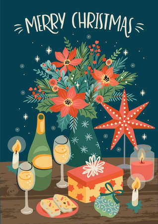 Christmas and Happy New Year illustration of Christmas table. Vector design template.のイラスト素材