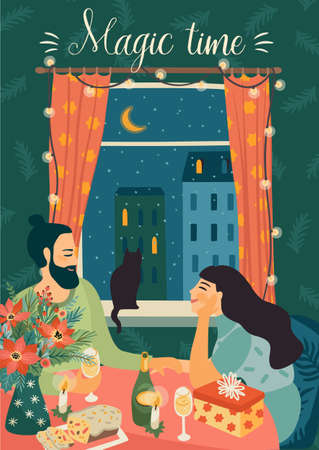 Christmas and Happy New Year illustration of young man and woman at the festive table.のイラスト素材