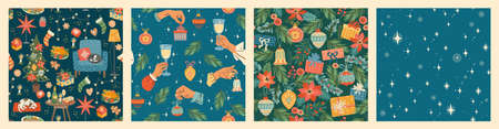Set of Christmas and Happy New Year seamless pattern. Vector design template.のイラスト素材