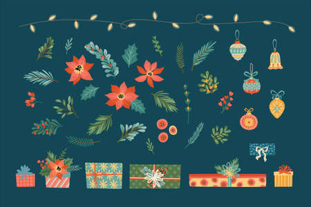 Vector set of Christmas floral elements. Needles, flowers, leaves, berries, gifts and toys.のイラスト素材