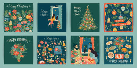 Set of Christmas and Happy New Year illustrations. Vector design templates.のイラスト素材