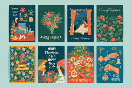 Set of Christmas and Happy New Year illustrations. Vector design templates.のイラスト素材