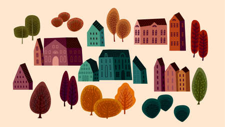 Set of cute houses and autumn trees. Vector illustrations.のイラスト素材