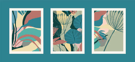 Collection of art prints with abstract leaves. Modern design for posters, covers, cards, interior decor and other users.のイラスト素材