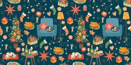 Christmas and Happy New Year seamless pattern. Sweet home. Vector design template.
