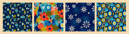 Christmas seamless patterns with New Year symbols. Trendy vintage style. Vector.のイラスト素材