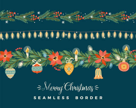 Christmas and Happy New Year seamless borders. Garlands, needles, light bulbs, New Year symbols. Vector design.のイラスト素材
