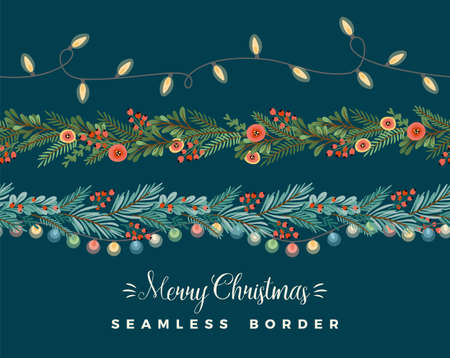Christmas and Happy New Year seamless borders. Garlands, needles, light bulbs, New Year symbols. Vector design.のイラスト素材