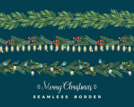 Christmas and Happy New Year seamless borders. Garlands, needles, light bulbs, New Year symbols. Vector design.のイラスト素材