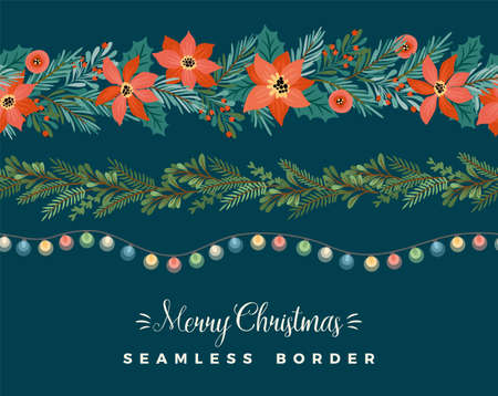Christmas and Happy New Year seamless borders. Garlands, needles, light bulbs, New Year symbols. Vector design.のイラスト素材