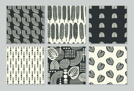 Artistic seamless patterns with abstract leaves and geometric shapesのイラスト素材