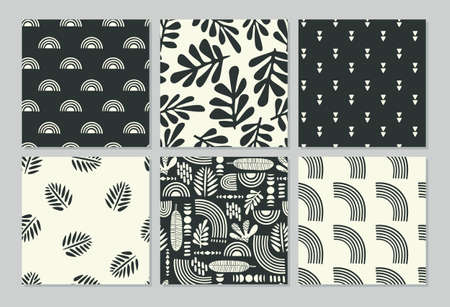 Artistic seamless patterns with abstract leaves and geometric shapesのイラスト素材