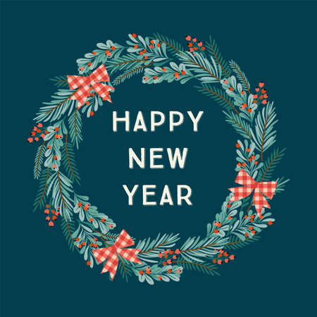 Christmas and Happy New Year illustration with Christmas wreath. Vector design template.のイラスト素材