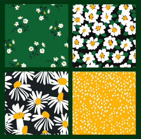 Abstract floral seamless patterns with chamomile. Trendy hand drawn textures. Modern abstract designのイラスト素材