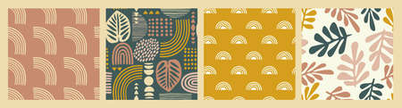 Artistic seamless patterns with abstract leaves and geometric shapes. Modern vector designのイラスト素材